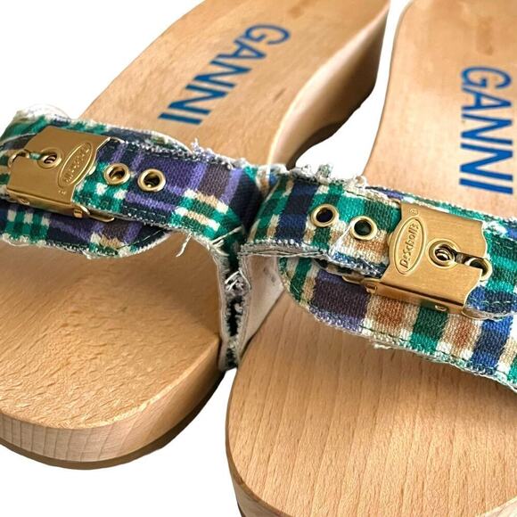 Ganni x Dr Scholls Slip On Pescura Heel Sandals Plaid Strap Blue Womens Sz 7 NEW - Picture 5 of 16